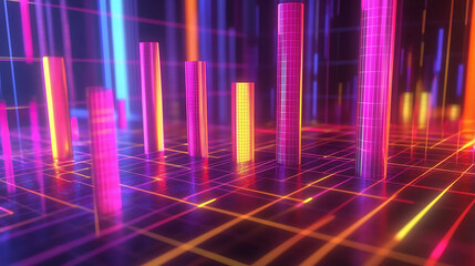 Fototapete - A vibrant digital landscape featuring glowing bars and lines, creating a 3D grid effect with colorful neon hues.