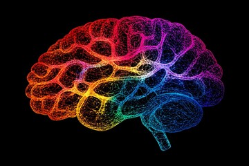 Poster - Rainbow colored glowing human brain outline on black background showing detailed neural pathways and anatomical structure in vibrant spectrum colors.