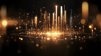 Poster - Glowing golden light pillars rising from dark surface with bright bokeh particles and lens flares creating magical atmospheric cityscape effect.