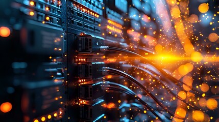 Poster - Glowing fiber optic cables with orange light effects in server room, digital network infrastructure with bokeh and light streaks for technology background.