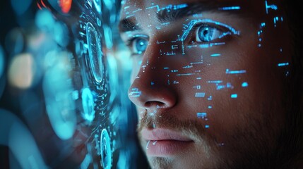 Poster - Intrigued by the advancements in technology, a young man gazes intently as digital data streams across his face, illuminating his features in a high-tech environment