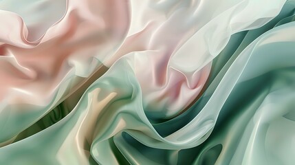 Poster - Flowing abstract waves in soft pastel pink and sage green colors create gentle fluid motion pattern with smooth silky texture and ethereal translucent effect.