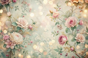  Elegant Vintage Floral Wallpaper Design, Soft Faded Colors, Bokeh Effect, Classical Details, Timeless Ambiance
