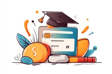 Poster - A minimalist illustration of a credit card with a graduation cap icon, symbolizing a student account, drawn with clean lines and soft gradients