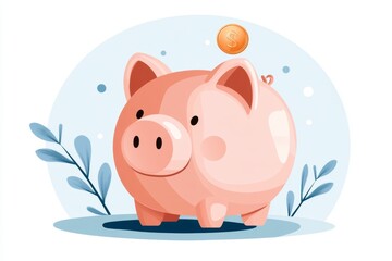 Poster - A minimalist illustration of a piggy bank with a single coin dropping in, symbolizing savings and money management, drawn with clean lines and soft gradients