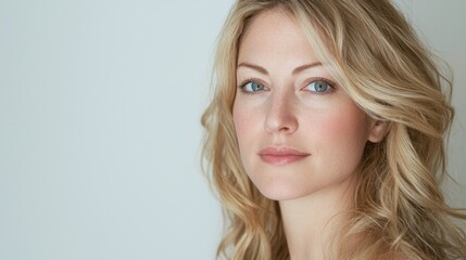 Poster - A radiant woman gazes softly at the viewer, her wavy blonde hair framing her face elegantly. The light highlights her features against a neutral backdrop, creating a serene atmosphere