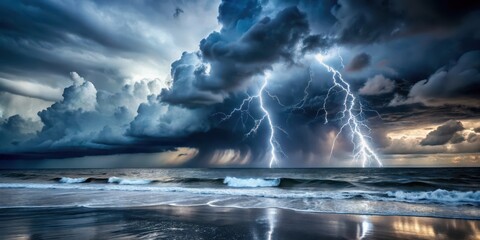 Wall Mural - Dark grey storm clouds gather over the ocean's surface, with waves crashing against the shore as lightning illuminates the dark sky , stormy weather, dramatic