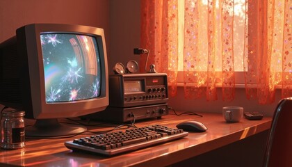 Poster - Retro computer scene with old CRT monitor, sunset view through the window, and vintage feeling