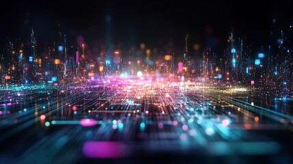 Poster - Colorful digital landscape showcasing vibrant lights in a futuristic space