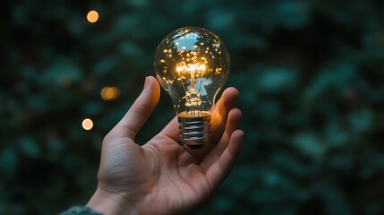 Canvas Print - Hand holding a glowing light bulb against a dark, bokeh background.