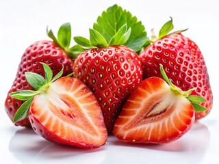 Wall Mural - Fresh Strawberries: Whole, Halved & Sliced on White Background - Stock Photo