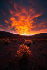 Poster - Fiery Sunset Illuminates Desert Cactus Landscape