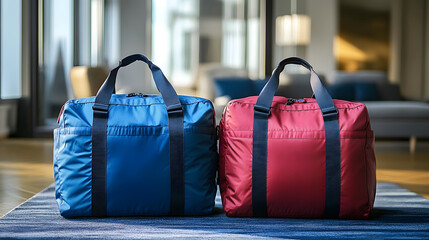 Poster - Two stylish duffel bags, one blue and one red, sit on a patterned rug in a modern, well-lit room