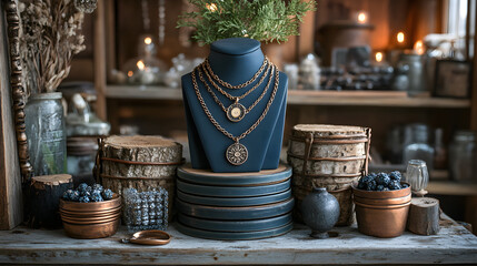Poster - A stylish display of necklaces on a mannequin surrounded by rustic decor, including wooden bowls, candles, and natural elements