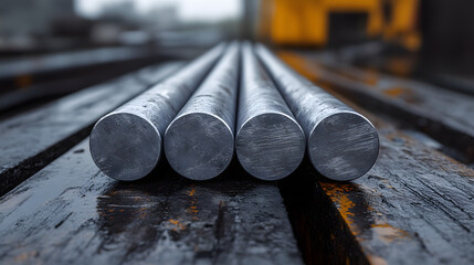 Poster - A close-up view of metallic rods arranged in a row, showcasing their smooth surfaces against a dark, textured background