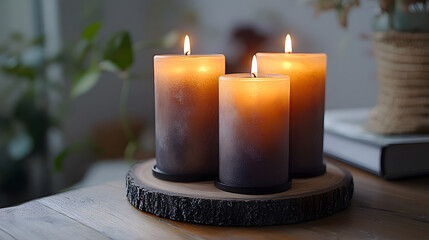 Poster - Three glowing candles on a wooden base create a warm, inviting atmosphere, complemented by soft lighting and natural surroundings