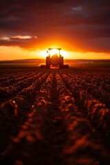 Wall Mural - tractor silhouetted against vibrant sunset sky during plowing
