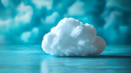 Poster - Fluffy white cotton cloud on turquoise background with soft bokeh effect creates dreamy atmosphere. Creative minimal composition for weather and mood concepts.