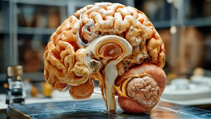 Poster - A realistic dissected human brain on display in a scientific laboratory, detailed with anatomical precision