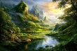 © Emmy Ljs - A beautiful landscape painting of the lush green mountains and rivers.