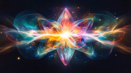 Poster - Colorful abstract flower design with glowing effects and cosmic background