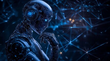 Poster - A humanoid robot contemplates in a deep blue digital landscape. Its intricate circuitry glows softly, capturing the essence of both innovation and introspection in a futuristic realm