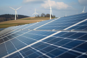 Wall Mural - Solar panel installation alongside wind turbines on sunny day, emphasizing the importance of renewable energy, carbon offset strategies, and ESG-driven sustainability efforts for reducing emissions.