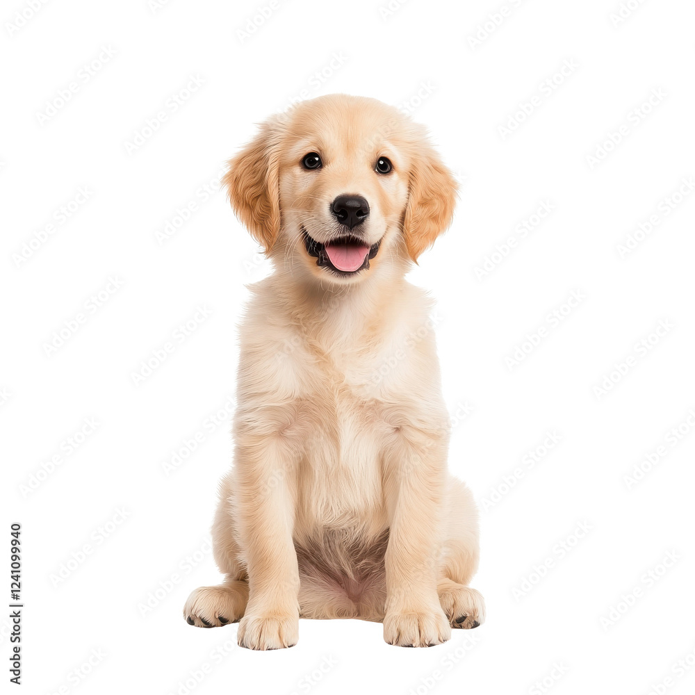 Cute golden retriever puppy sitting happily with a joyful expression ...