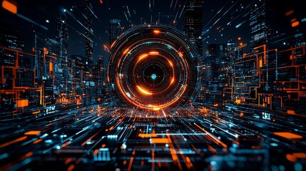 Poster - Futuristic city portal, digital data streams, night cityscape, technological advancement, website banner