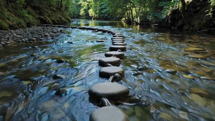 Aufkleber - Explore a serene river with stepping stones and lush greenery on a sunny day