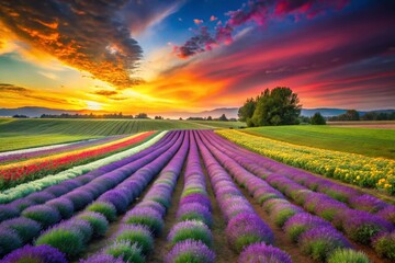 Wall Mural - Irodori Farm Rainbow Flower Field Long Exposure Photography - Vibrant Lavender & Seven Color Floral Landscape