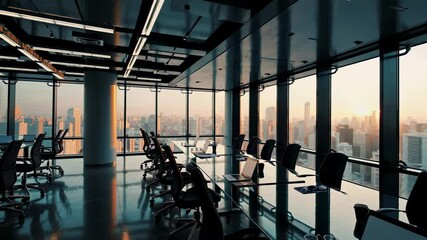 Aufkleber - modern office with stunning skyline view at sunset in a bustling city