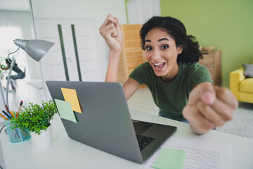 Wall Mural - Photo of nice young girl winning excited work netbook wear green clothes enjoy modern cozy interior flat home office indoors