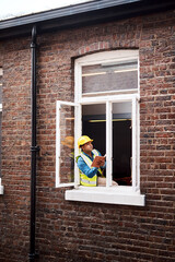 Poster - Man, engineer and writing in book by window of inspection notes, maintenance and schedule. Thinking, person and notebook planning with development update, property information and renovation reminder