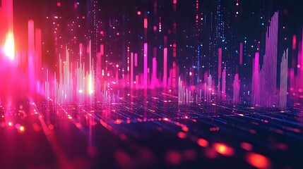 Poster - glowing pink and purple digital columns rise from reflective surface creating futuristic cityscape w