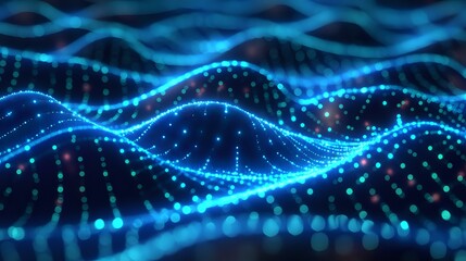 Aufkleber - Abstract blue glowing waves and particles flowing in dark space, digital technology background with dynamic light motion effect for data visualization.
