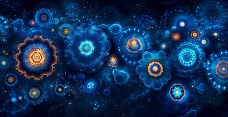 Poster - Glowing cosmic gears and mechanical elements float in deep blue space, creating mystical steampunk universe with luminous orange and blue energy patterns.
