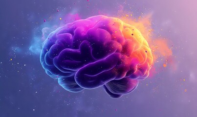 Poster - Glowing multicolored brain with vibrant purple, pink, and orange hues floating in cosmic space, surrounded by luminous particles and ethereal smoke effects.