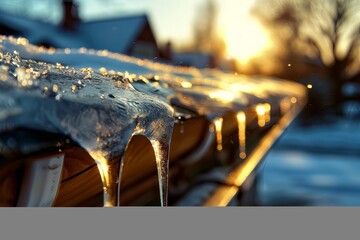 Canvas Print - Icicles slowly melting in the golden light of sunset, capturing the beauty of winter's transition to spring. Icicles Adorning a Wooden Roof