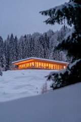 Wall Mural - Illuminated Modern Cabin Amidst Snowy Winter Forest