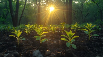 Wall Mural - Sunrise illuminates young seedlings in forest