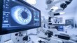 © Nadiia - Advanced ophthalmology equipment with a close-up digital scan of an eye displayed on a screen in a medical lab.