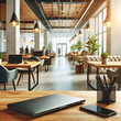 © homydesign - A modern open office space with wooden tables, laptops, and plants, featuring a sleek laptop, smartphone, and pencil holder on a wooden desk in the foreground