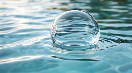 Poster - Glass sphere floats on calm water, pool background, purity concept