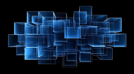Poster - Abstract blue cubes digital data flow; technology background