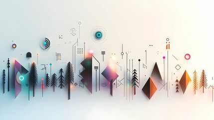 Abstract city skyline with trees and technology elements; futuristic urban landscape; website banner