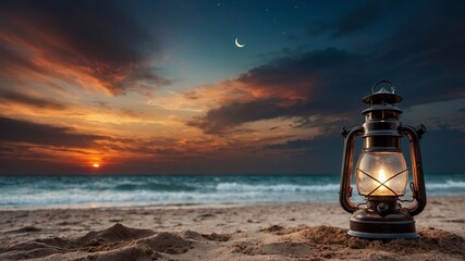 Wall Mural - beautiful sunset at a beach with a glowing lantern under a crescent moon