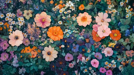 Poster - An overhead view of a flower bed with various blossoms, each glistening with dew, capturing the essence of a vibrant garden in the early morning light.