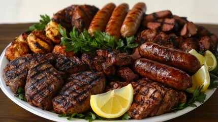 Wall Mural - A beautifully arranged platter of assorted grilled meats, including juicy steaks, tender chicken, and flavorful sausages, garnished with fresh herbs and lemon wedges.