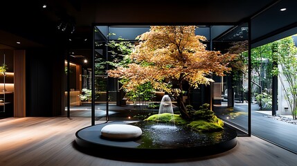 Sticker - Modern Zen garden indoor atrium, tranquil space, calming fountain, autumn foliage, peaceful background